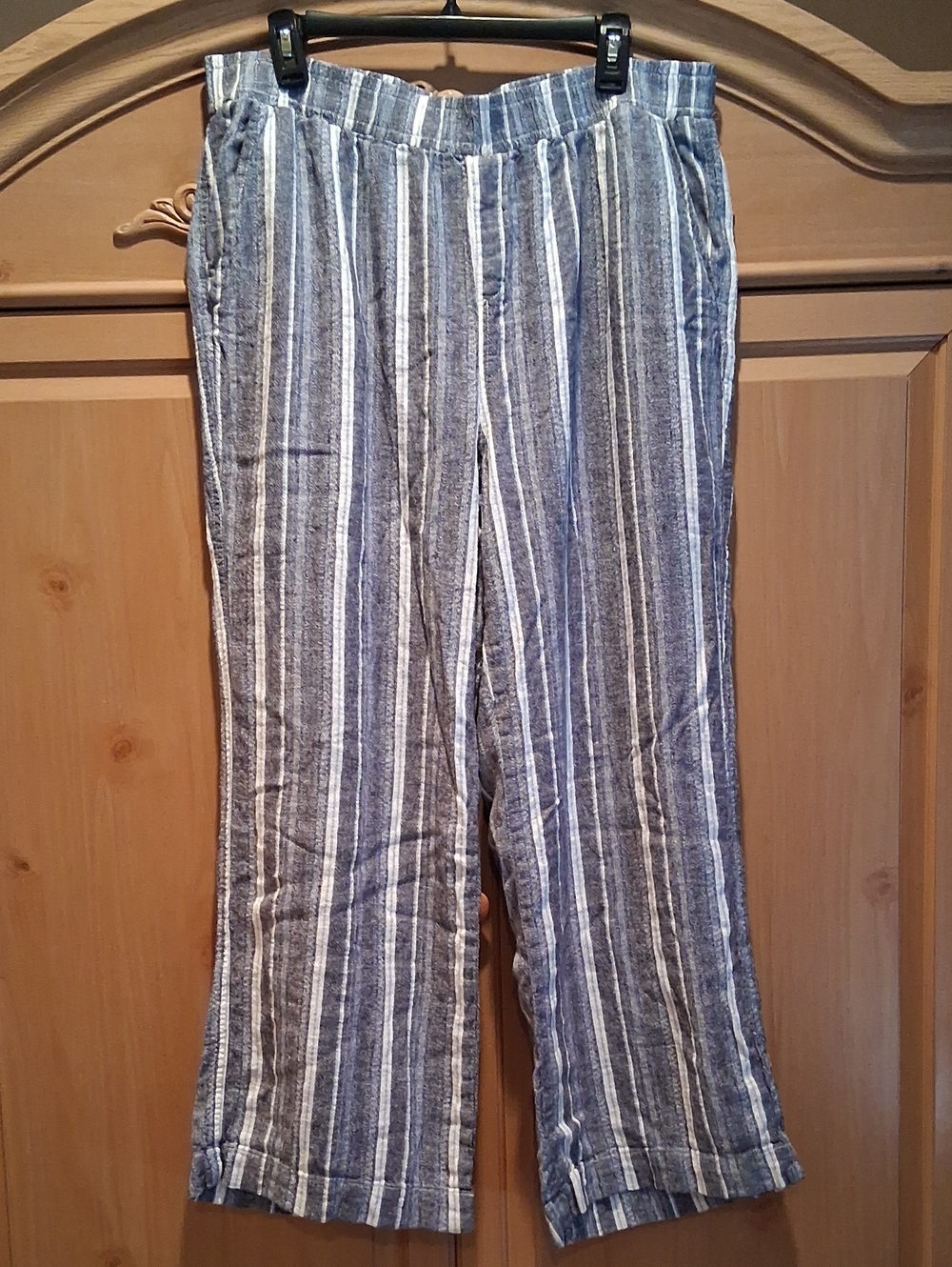 Briggs Women's Linen Blend Wide Leg Pull On Pants, Blue & White Stripe, Size XL - Picture 2 of 5